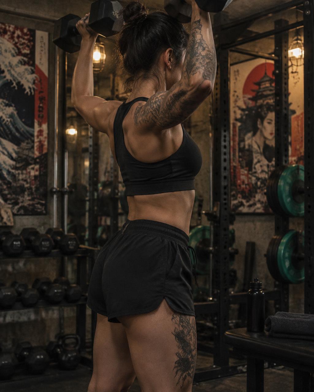 Mujer entrenando fuerza con mancuernas en gimnasio